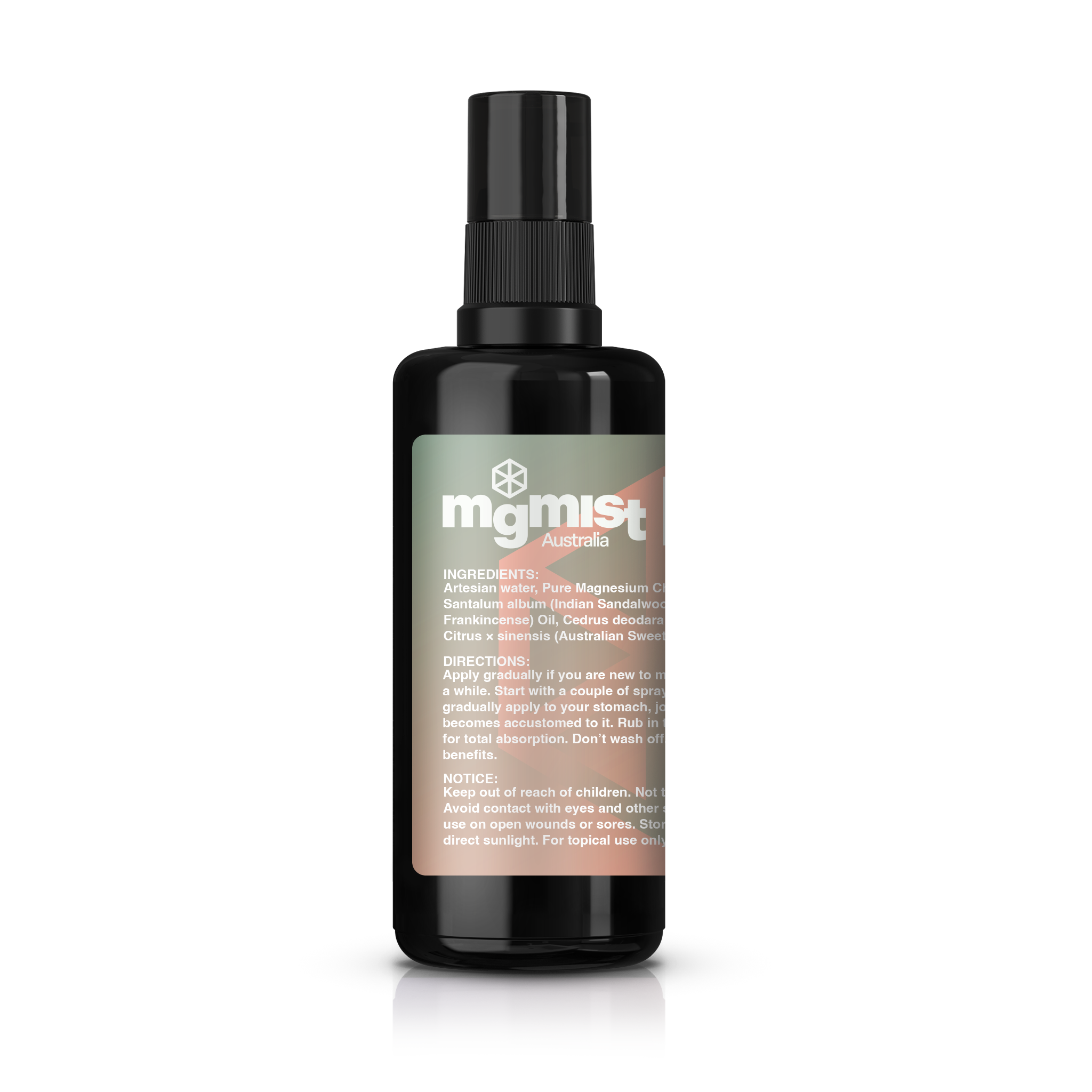 MgMist Luxe™ Magnesium Oil Spray – black bottle with a spray nozzle.